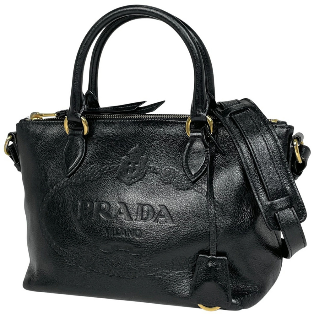 Prada Logo Handbag Shoulder Bag Leather Black